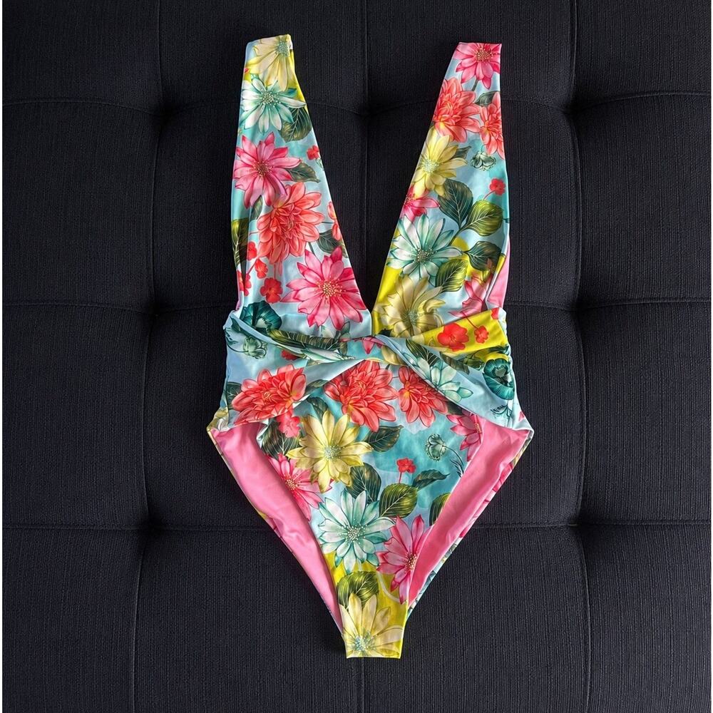 Agua Bendita x Revolve Ellis Antiq One Piece Conga Aqua Floral Plunge M Resort